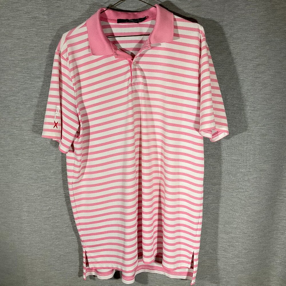 Mens RLX Pink/White Striped Golf Shirt, Size L